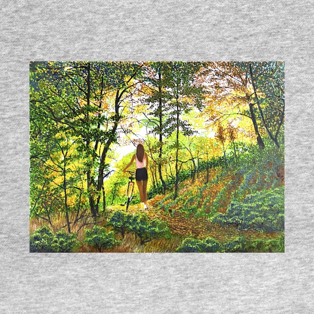 Woman girl with bicycle in woods zen yoga buddhism by Fantasyart123